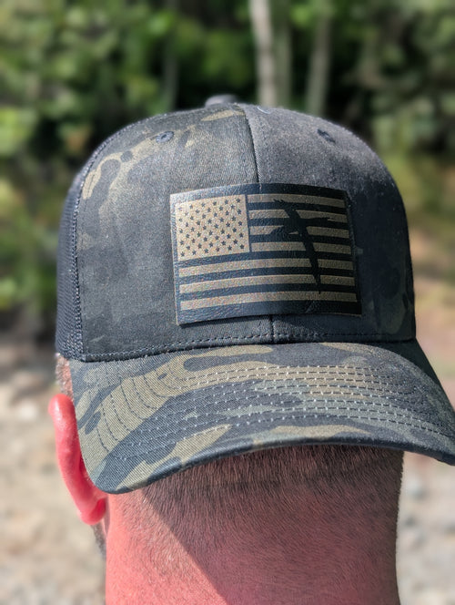 Black Camo American Flag with Cross Trucker Hat