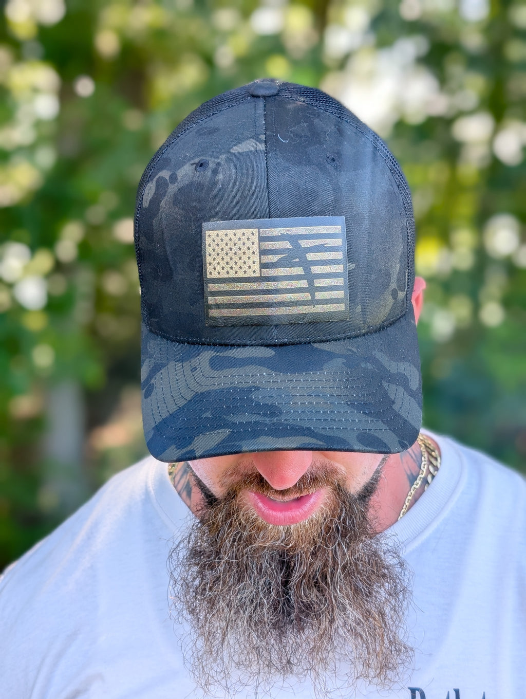 Black Camo American Flag with Cross Trucker Hat