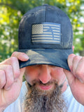Black Camo American Flag Trucker Hat with Leather Patch Engraved Black to Gold Patch Jesus and America Hat Gift for Friend Camo Trucker Hat