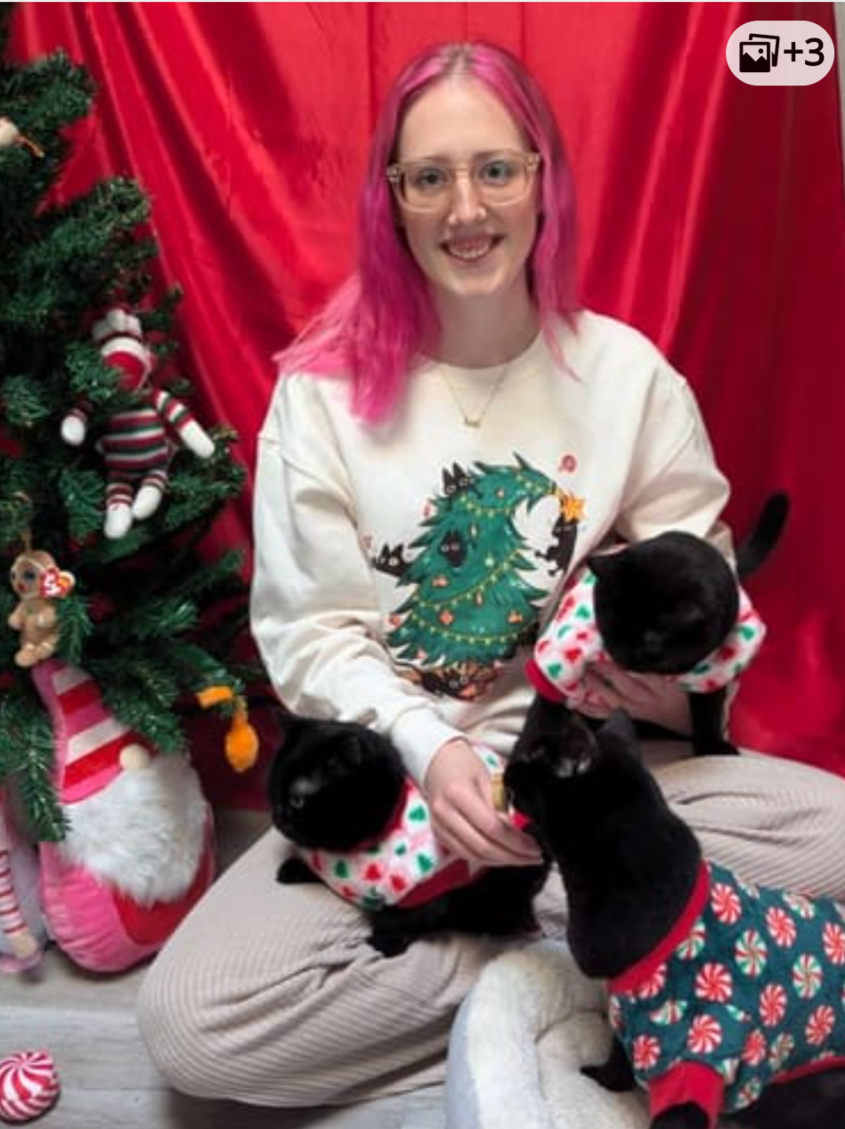 Person with pink hair sitting with two black cats wearing Christmas sweaters in front of a red curtain and decorated tree.