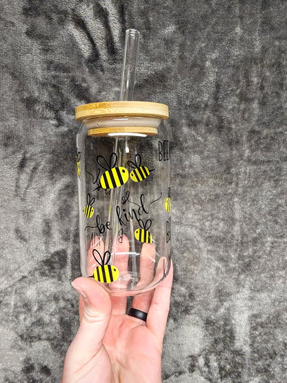 Be Kind Glass Can Cup Bee Kind Beer Can Cup Love for Bees Cute Glass Cup Adorable Iced Coffee Cup Trendy Glass Cup Gift For Friend